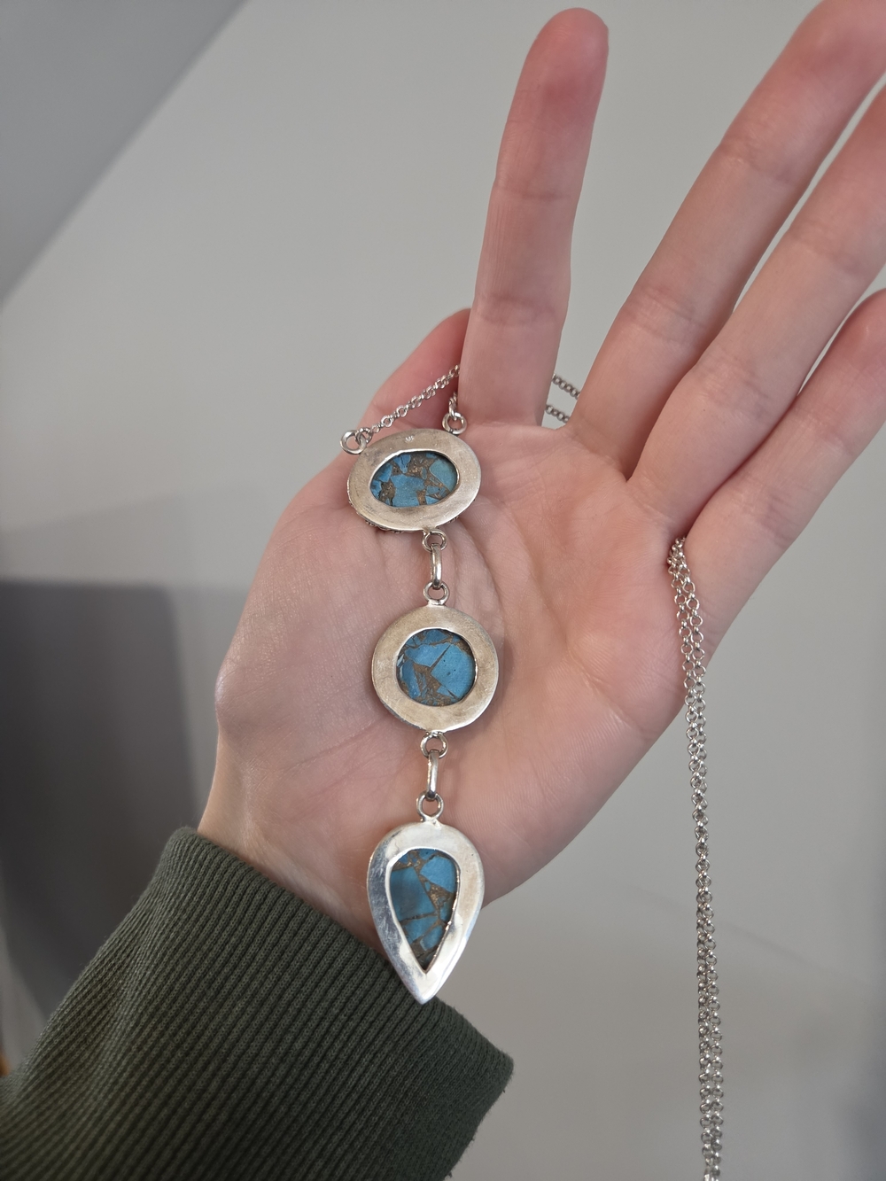 Copper Turquoise Sterling Three-Drop Necklace - Picture 4 of 5